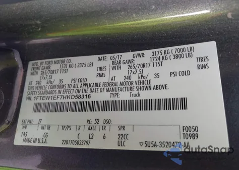 2017 Ford F-150 Xl из США, поврежденный, VIN 1FTEW1EF7HKD58316